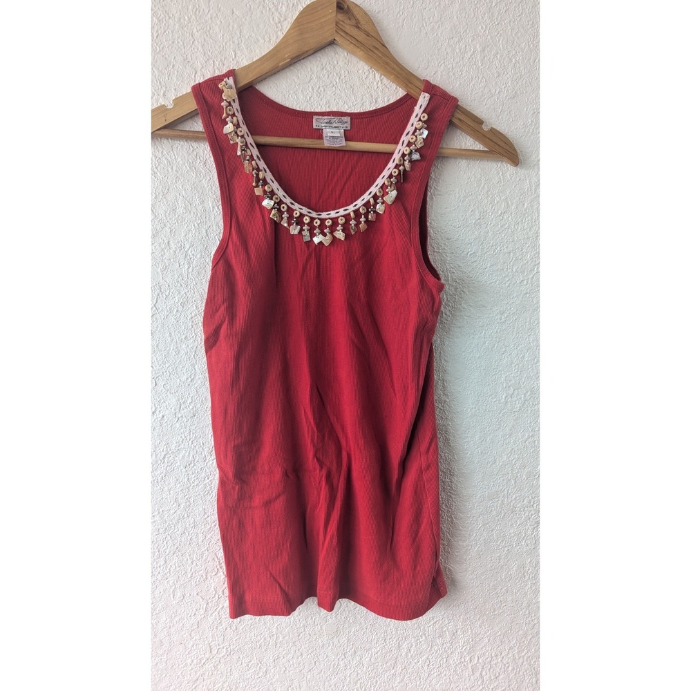 Vintage Tasha Polizzi Red Ribbed Tank Top Shell Beaded Neckline Womens Large